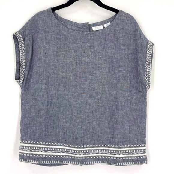 Sigrid Olsen Women's Linen Chambray White Embroidered Trim Top Blue Size XS - Picture 1 of 8